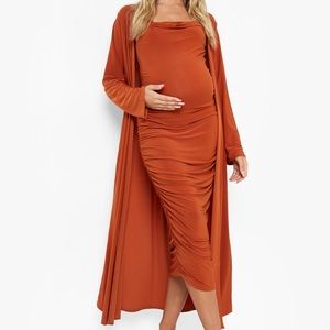 NWT!!! Boohoo Maternity Strappy Cowl Neck Dress & Duster Coat - Rust - Size 8